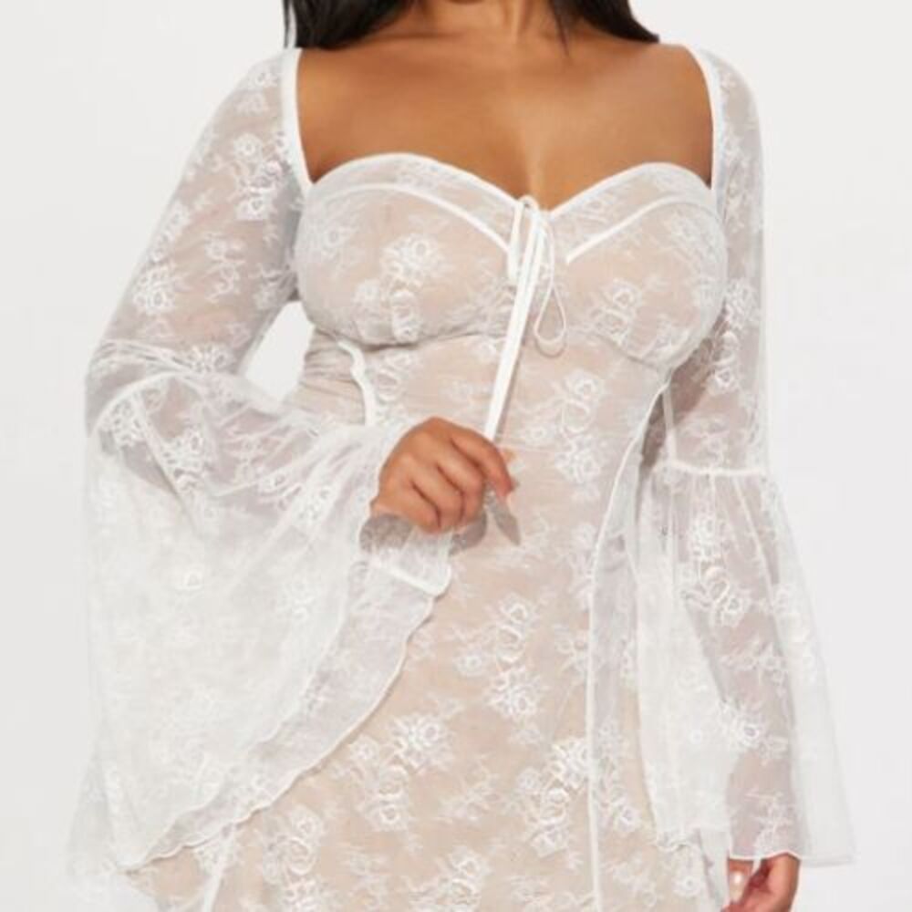 Sheer Lace Bell Sleeve Corset Mini Dress M Angelcore Coquette Ethereal Fairycore